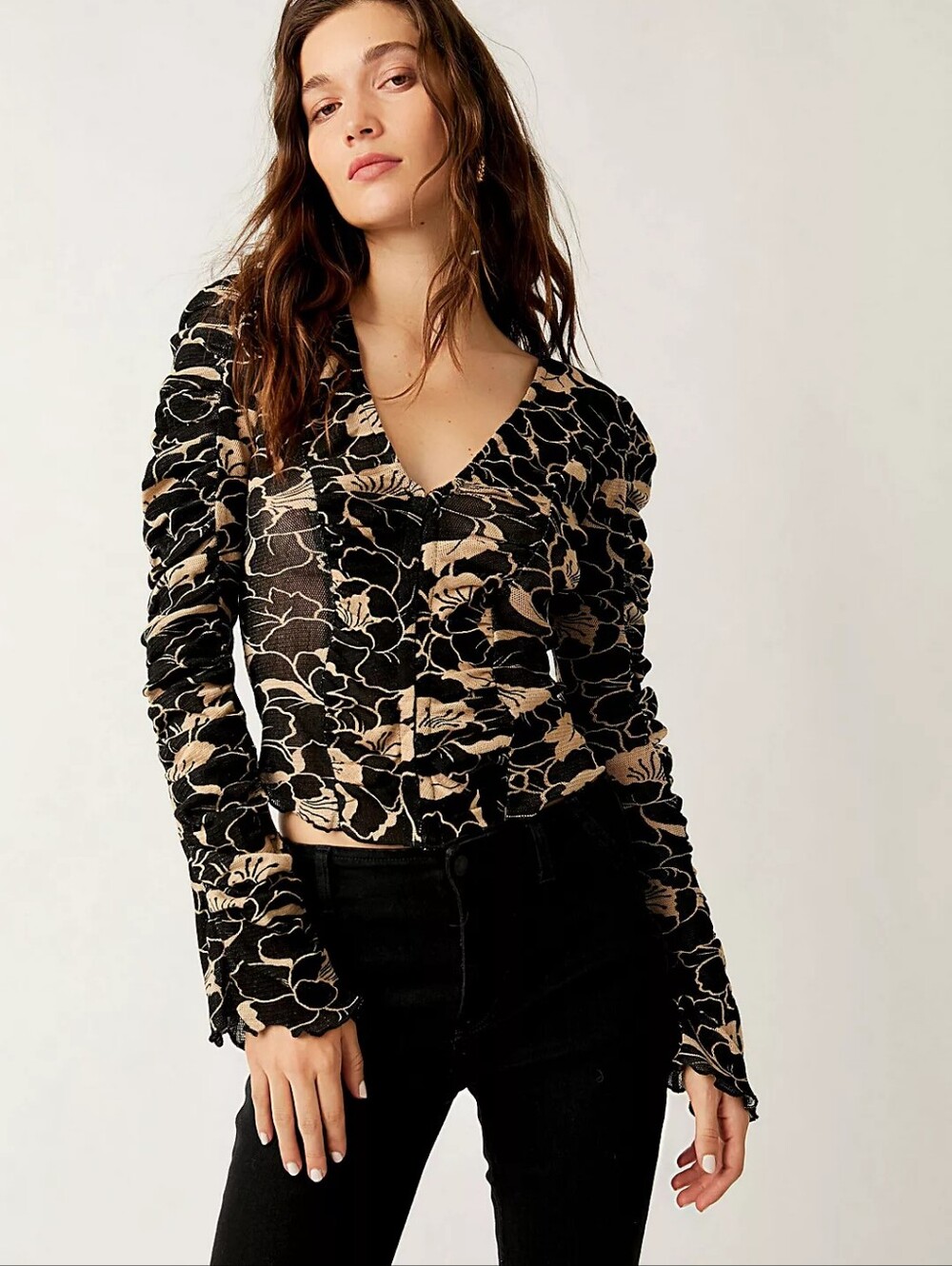 Free People Through The Meadow Floral V-Neck Long Sleeve Top Size: XS